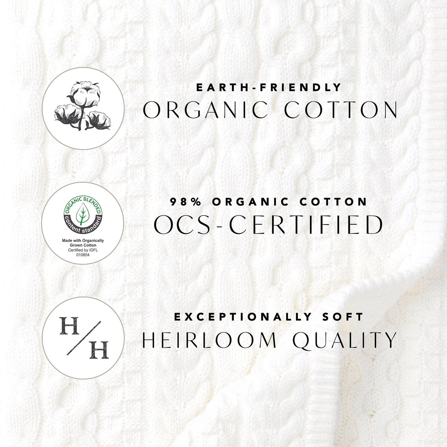 Text and logos about organic cotton with a white fabric background