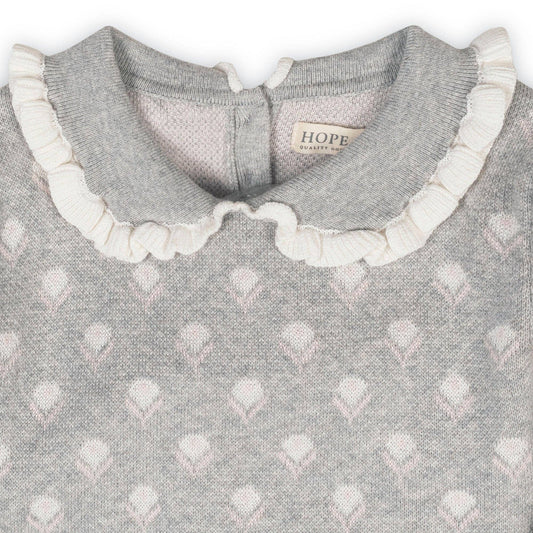 Gray patterned dress with white ruffled collar and 'HOPE and HENRY' label.