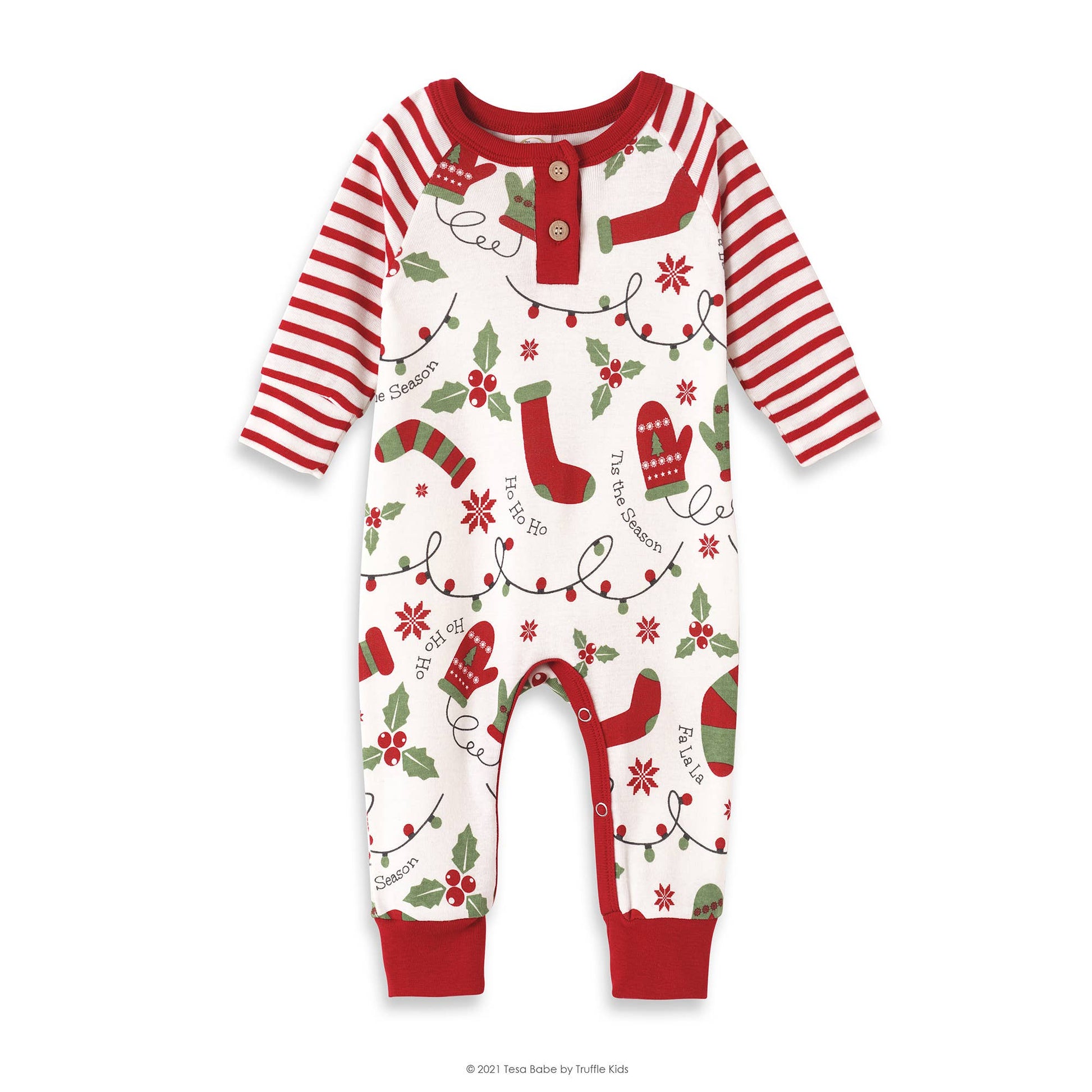 Baby romper with red and white stripes, red cuffs, and a design featuring a white Christmas stocking, green trees, and red accents.