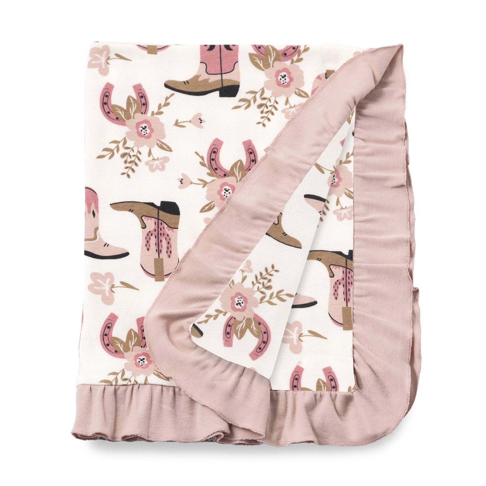 A pink stroller blanket with a pattern of cowgirl boots and flowers, featuring a soft ruffle edge.