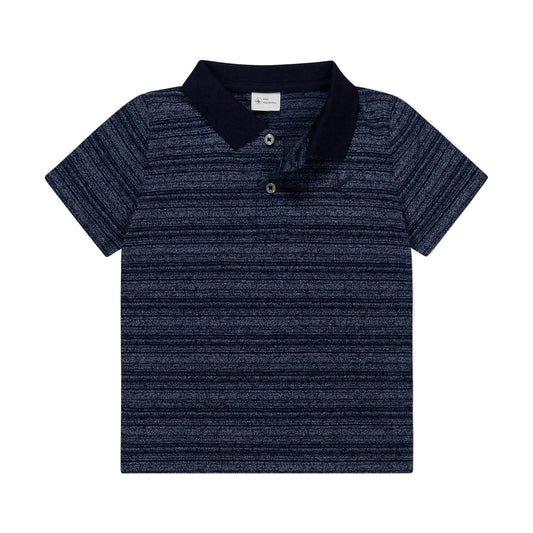 A short-sleeved navy striped polo shirt for boys.