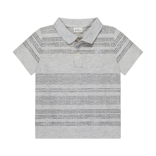 A short-sleeved gray striped boys' polo shirt with a collar.