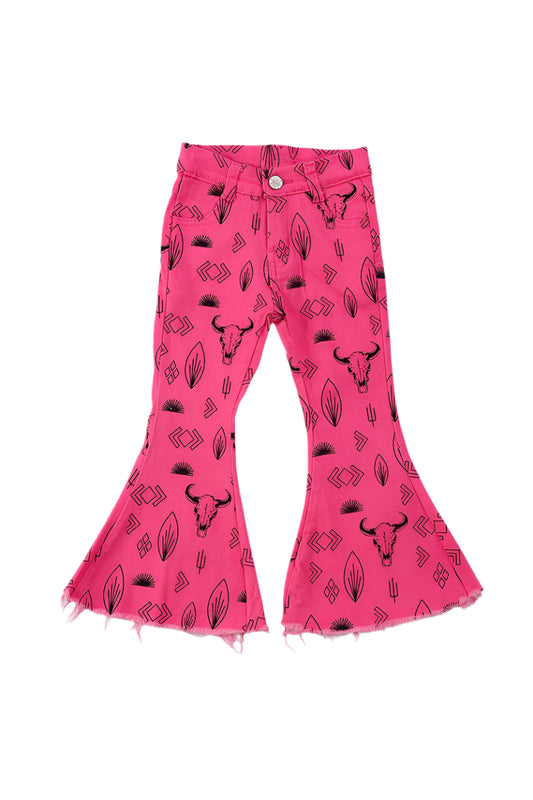 Nora Pink Steer Head Western Denim Flare Jeans