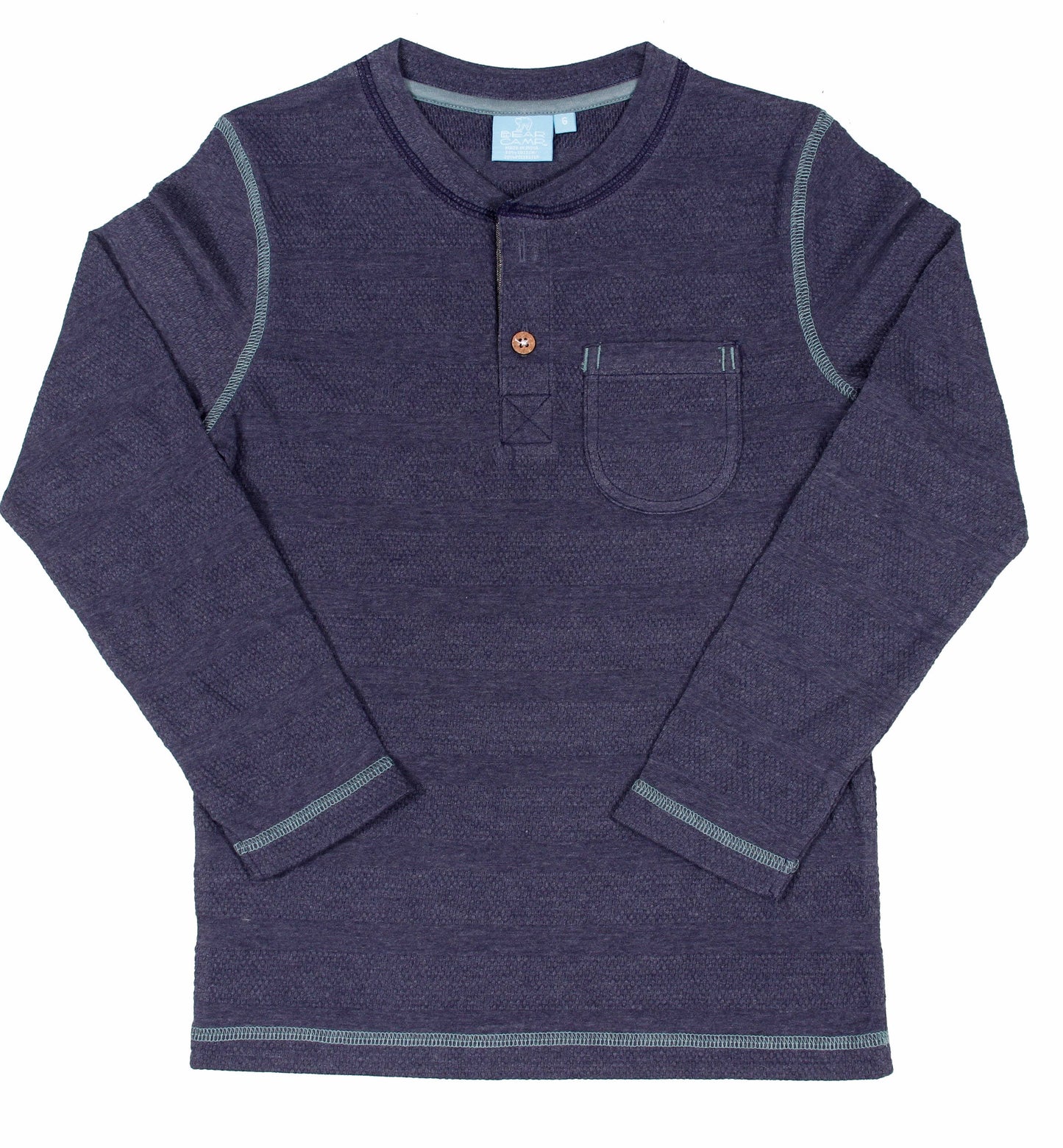A long sleeve navy textured Henley shirt for toddlers and small boys.