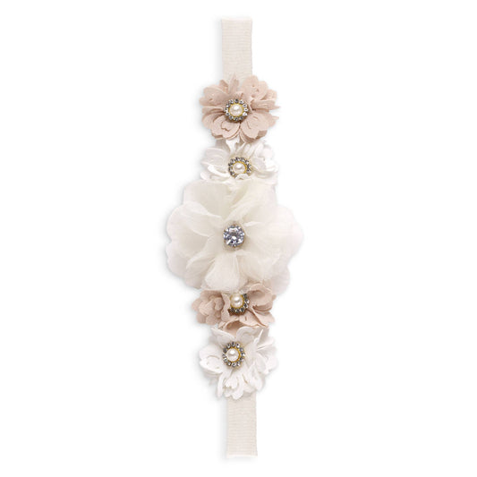 Savannah Girl's Headband with Faux Flowers  & Pearls: Ivory/Beige
