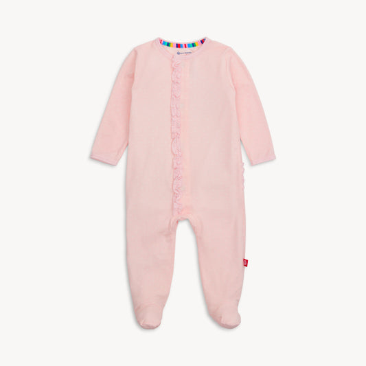 Pink baby onesie with buttons on a white background