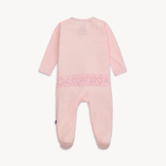 Pink baby onesie with lace details on a white background
