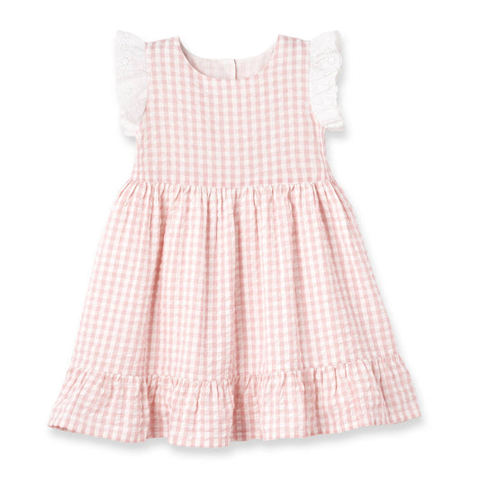 Adeline Pink Gingham Eyelet Flutter Sleeve Cotton Dress
