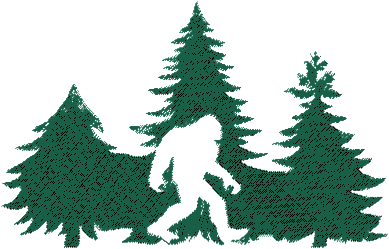 Silhouette of a bigfoot among trees on a black background