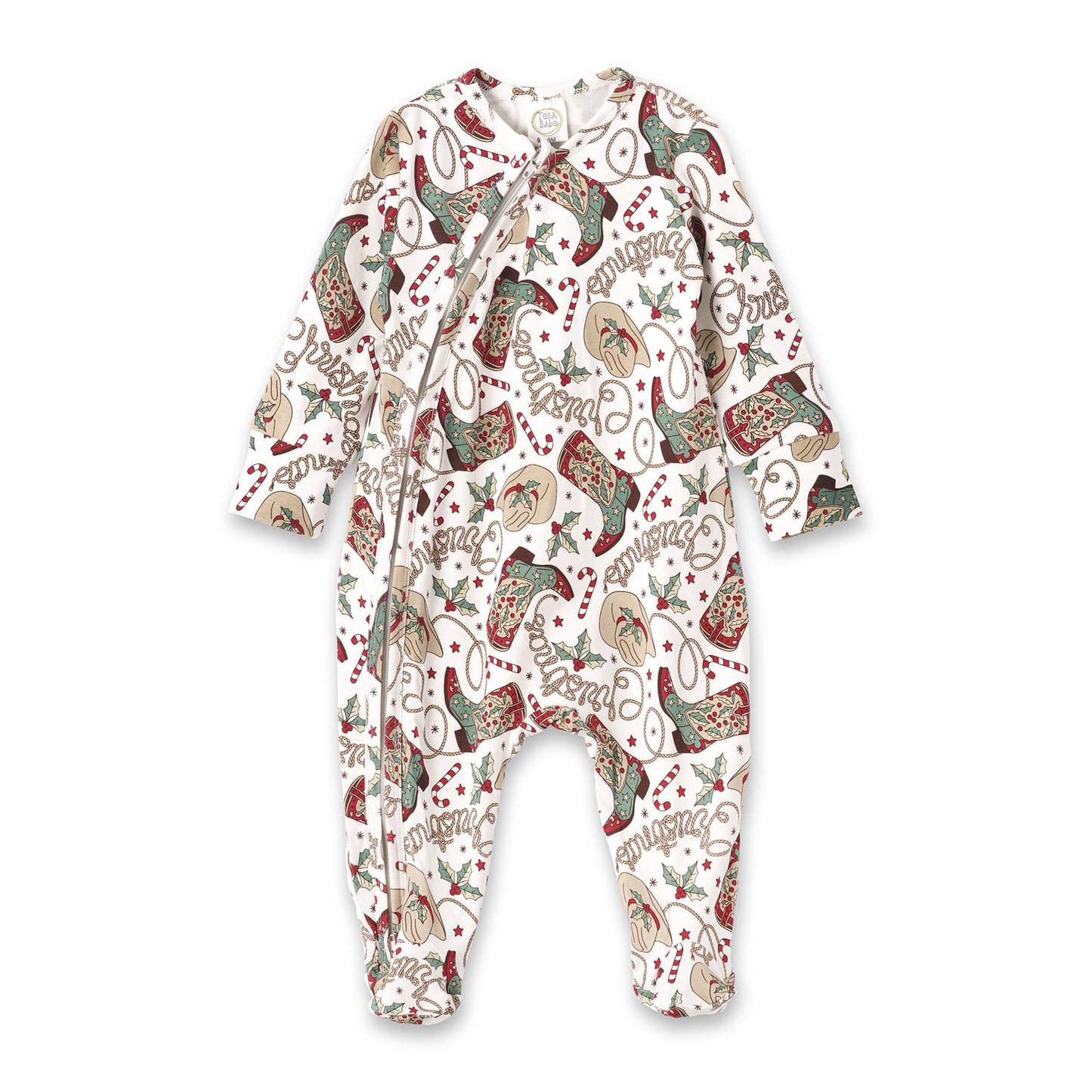 A festive Christmas-themed baby bamboo zipper romper with a pattern featuring holiday motifs.