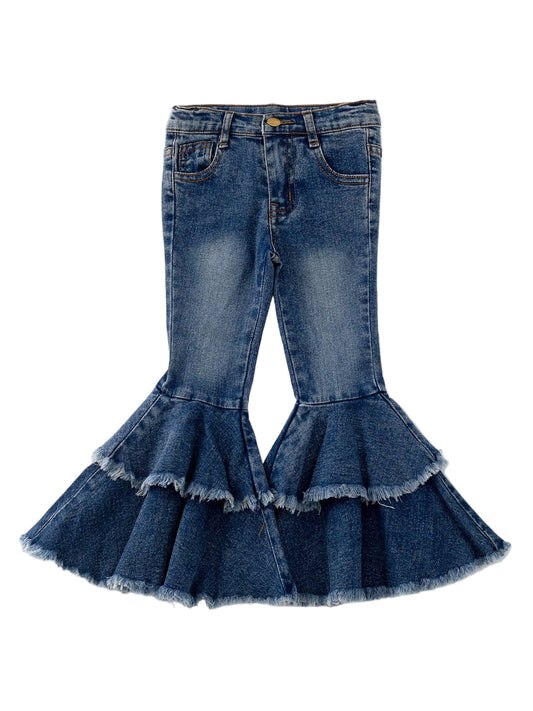 A pair of dark wash double layer bell-bottom denim jeans for children