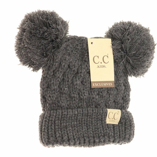 Kids Solid Double Pom CC Beanies Dark Grey