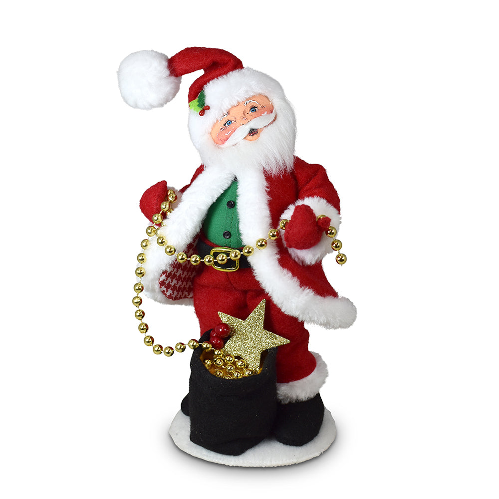 Annalee 9in Jubilee Santa in red suit with houndstooth lining carrying a gold beaded star