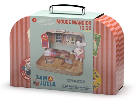 Toy set packaging for 'Mouse Mansion To Go' with illustrations of a mouse and a house.