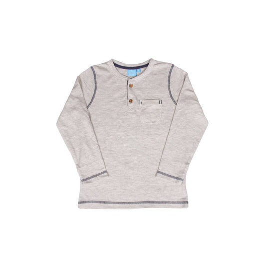 A long sleeve oatmeal heather colored henley shirt with a patch pocket and contrasting trim, displayed on a white background.