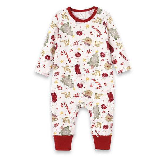 A white bamboo-spandex baby romper with a Christmas print, including cartoonish reindeer and snowflakes, with red and dark grey accents.