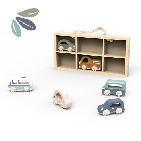 Set of wooden toy cars with a storage box on a white background