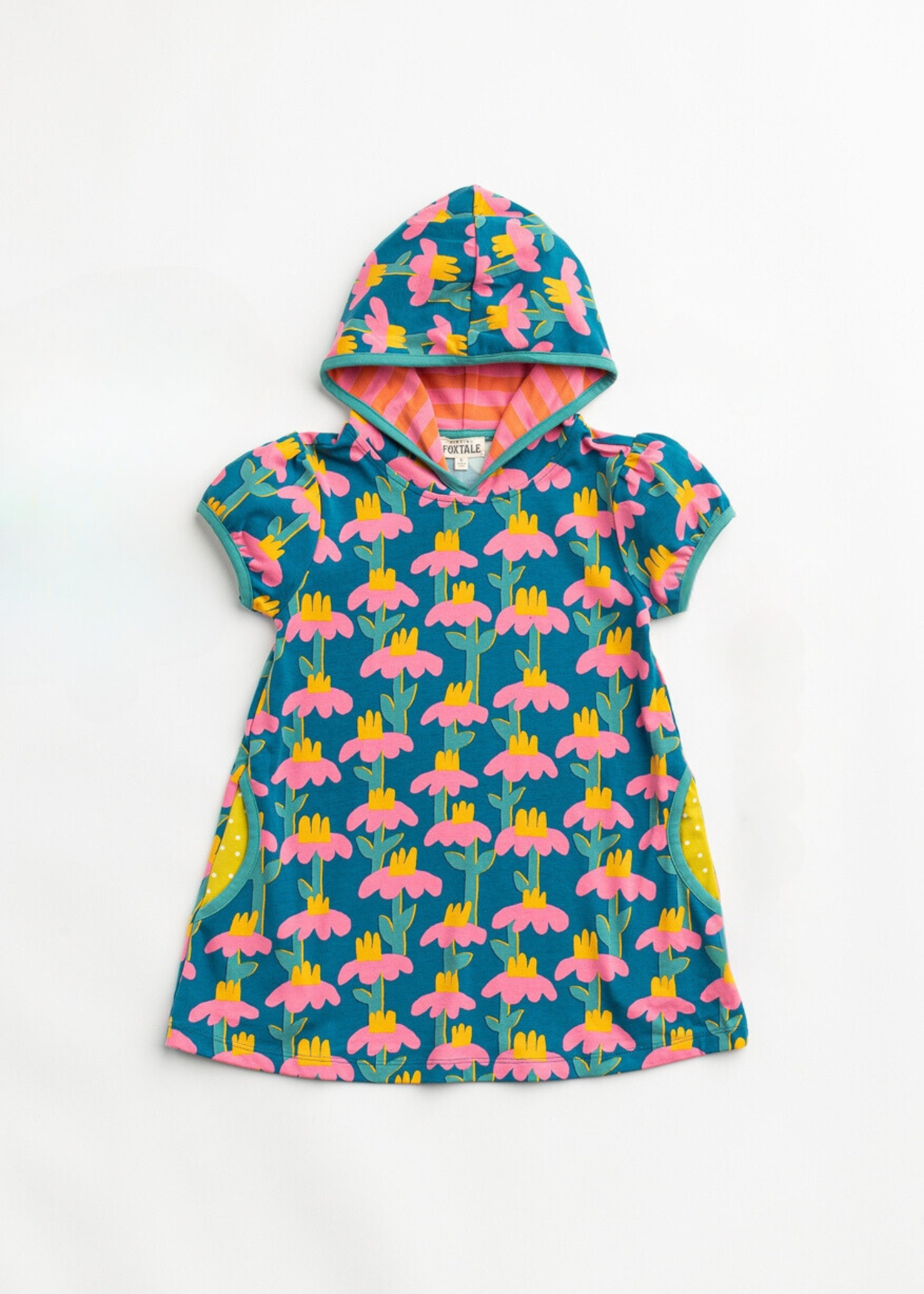 Floral patterned hooded dress on a white background