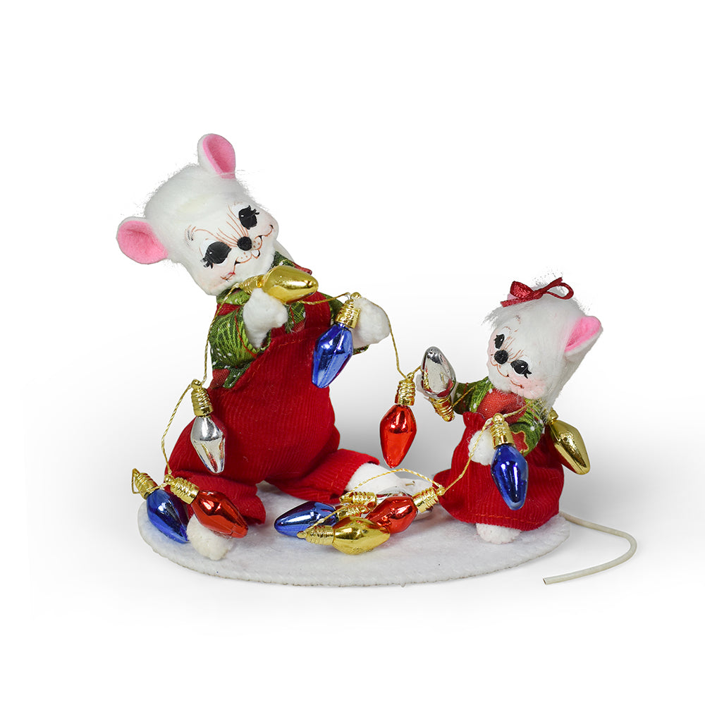 Annalee 5in Yuletide Mice with Lights, two white mice in matching red jumpers with Christmas lights