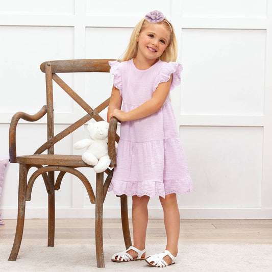 Emilia Lavender Eyelet Flutter Sleeve Gauze Dress