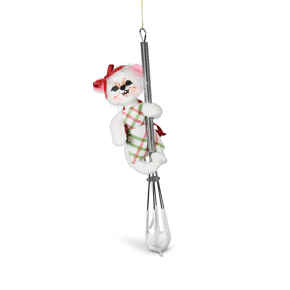 Annalee 3in Christmas Candy Mouse ornament with plaid chef apron, red bow and icing whisk
