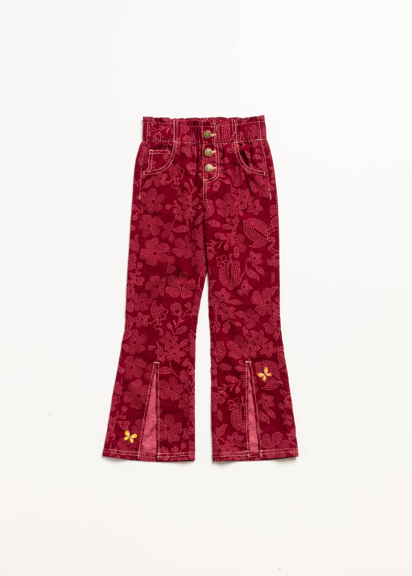 Red floral-patterned pants with gold buttons on a white background