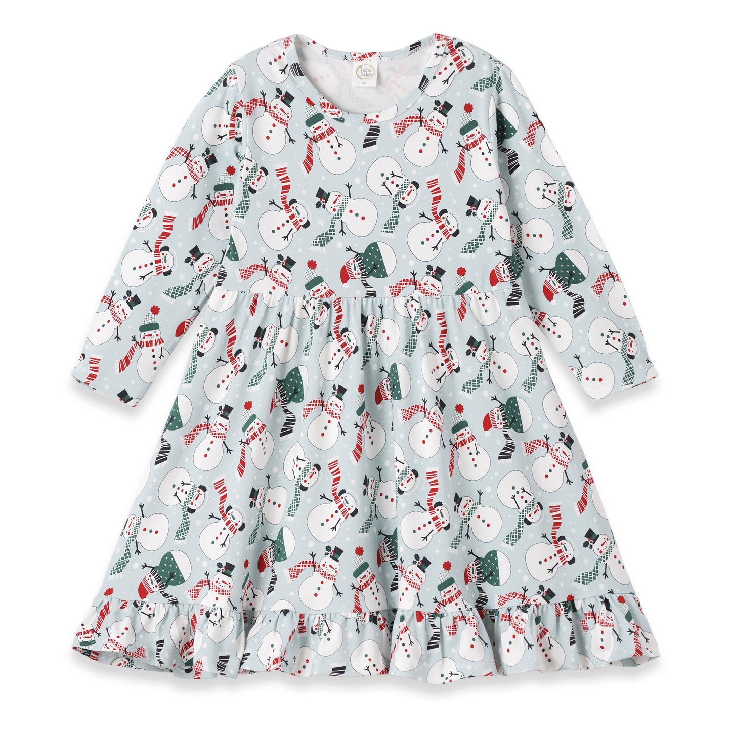 A long-sleeved twirl dress with a Christmas snowmen pattern on a light background, featuring a ruffled hem.