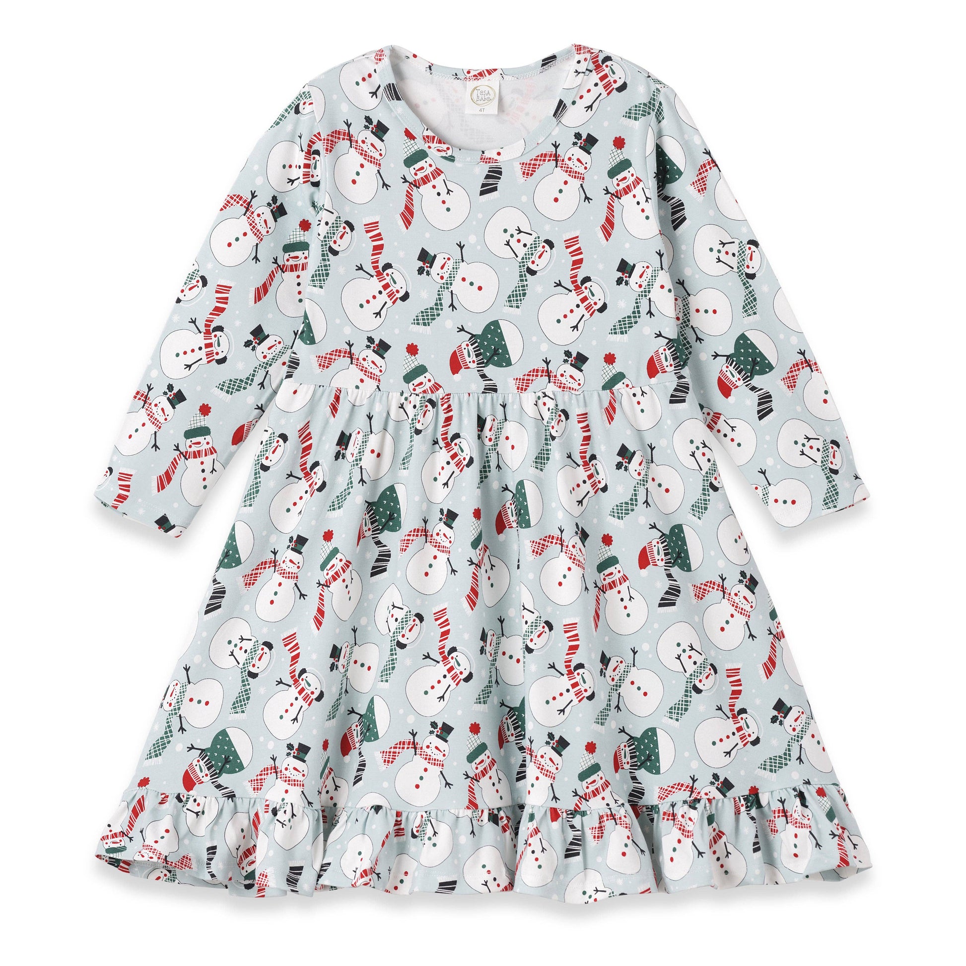 A long-sleeved twirl dress with a Christmas snowmen pattern on a light background, featuring a ruffled hem.