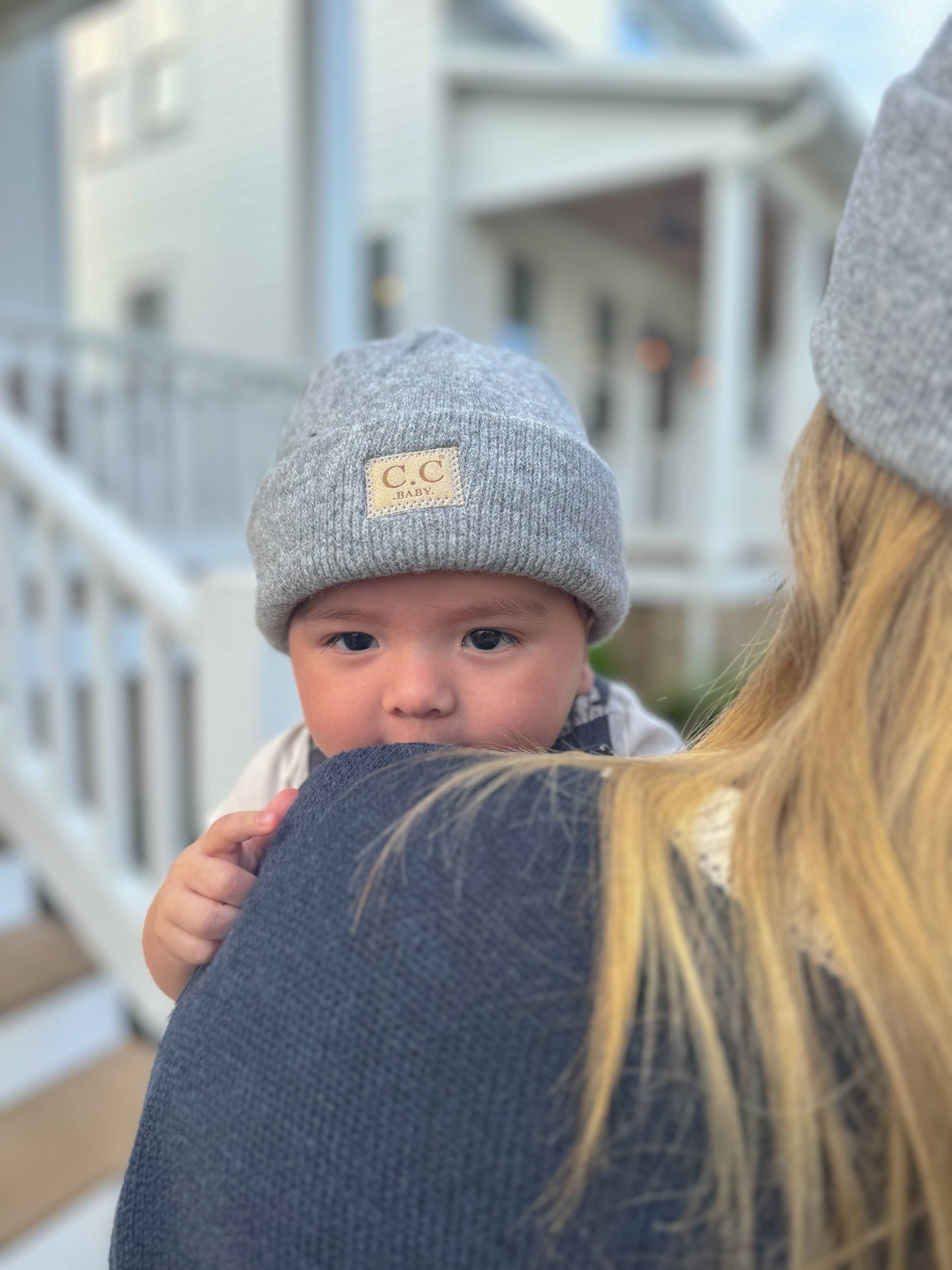 Soft Ribbed Leather Patch C.C. Newborn Knit Hat: Heather Lt. Grey