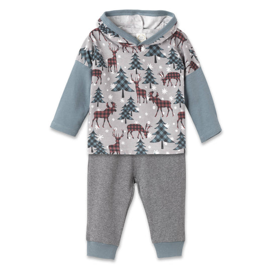 A toddler's Christmas outfit set with a hooded top featuring a pine tree and deer pattern and matching pants in a grey color.
