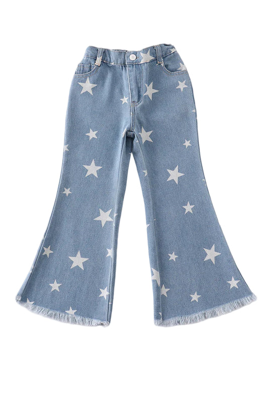 A pair of blue denim jeans for kids with a flare design and star patterns