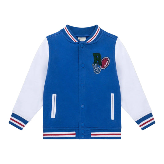 A blue toddler varsity jacket with white sleeves, red and white stripes on the collar and cuffs, and a decorative logo on the chest.