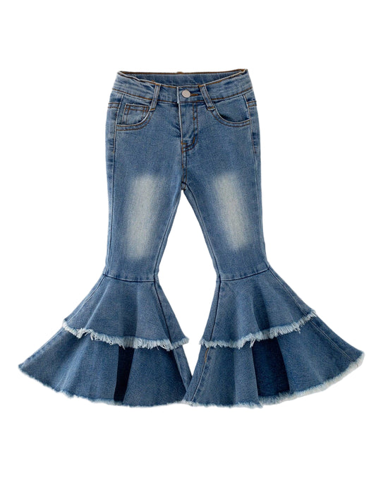 A pair of medium wash double layer bell-bottom denim jeans for children.