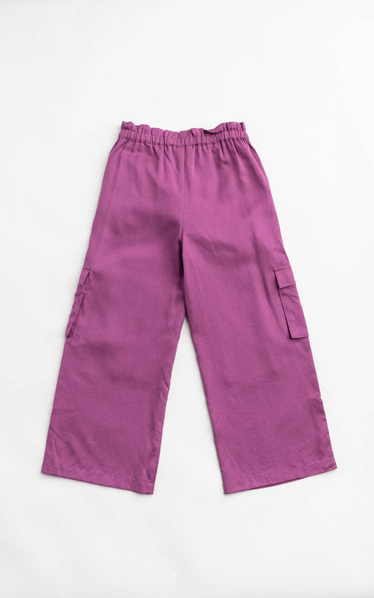 Purple cargo pants on a white background