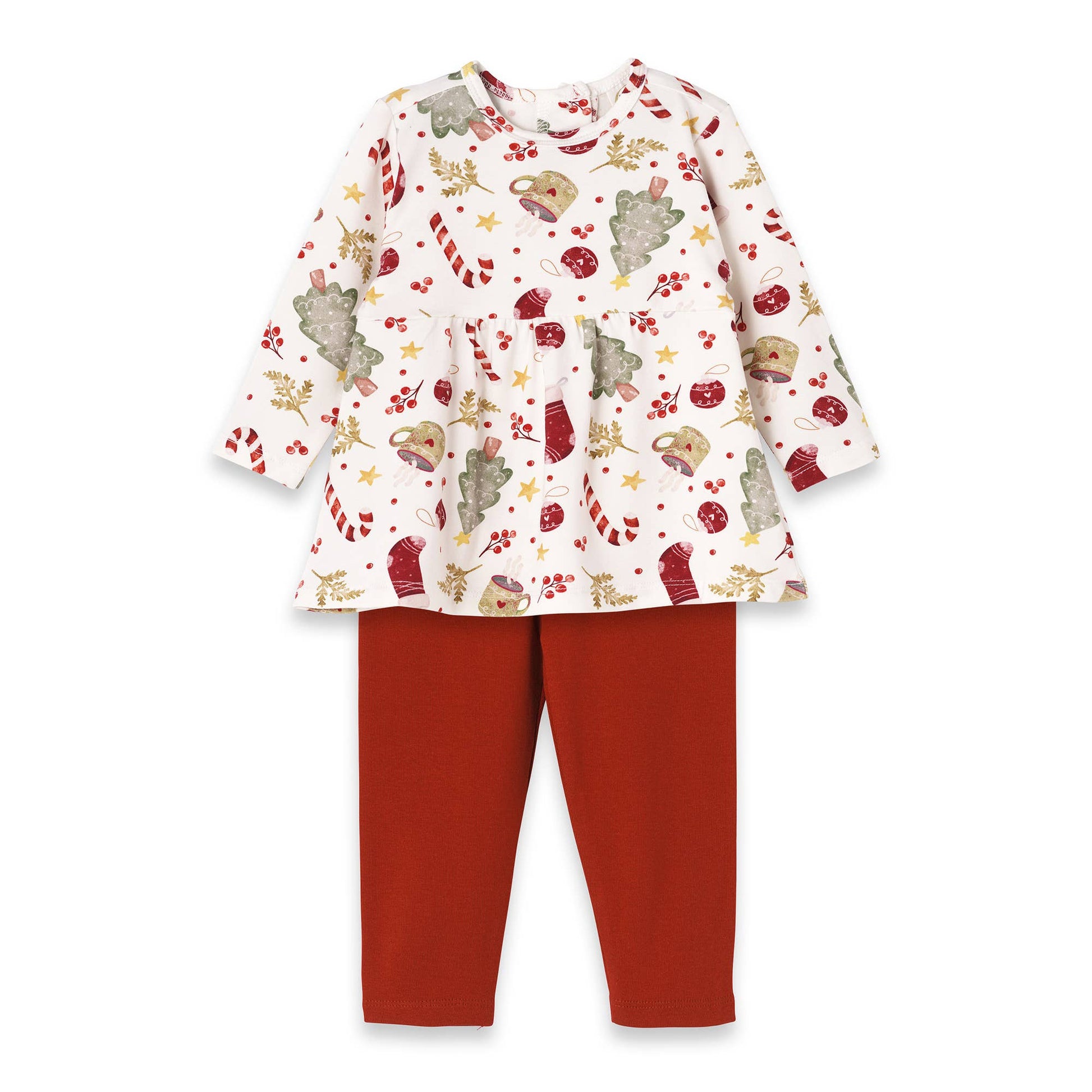 A set of baby girl clothing that includes a Christmas-themed bamboo top and red leggings.