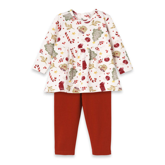 A set of baby girl clothing that includes a Christmas-themed bamboo top and red leggings.