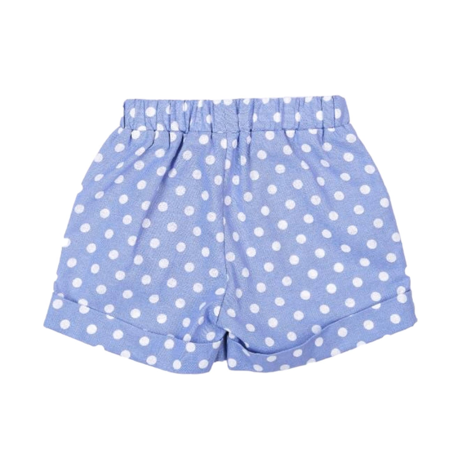 Blue shorts with white polka dots on a white background
