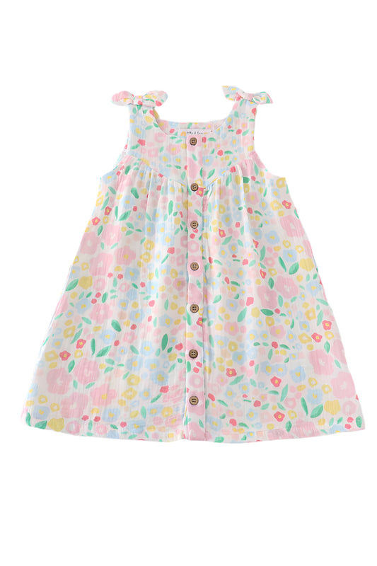 Pink Muslin Leaves Bow Dress