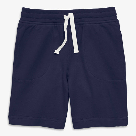 A pair of navy kids' gym shorts with a drawstring waist and side pockets.