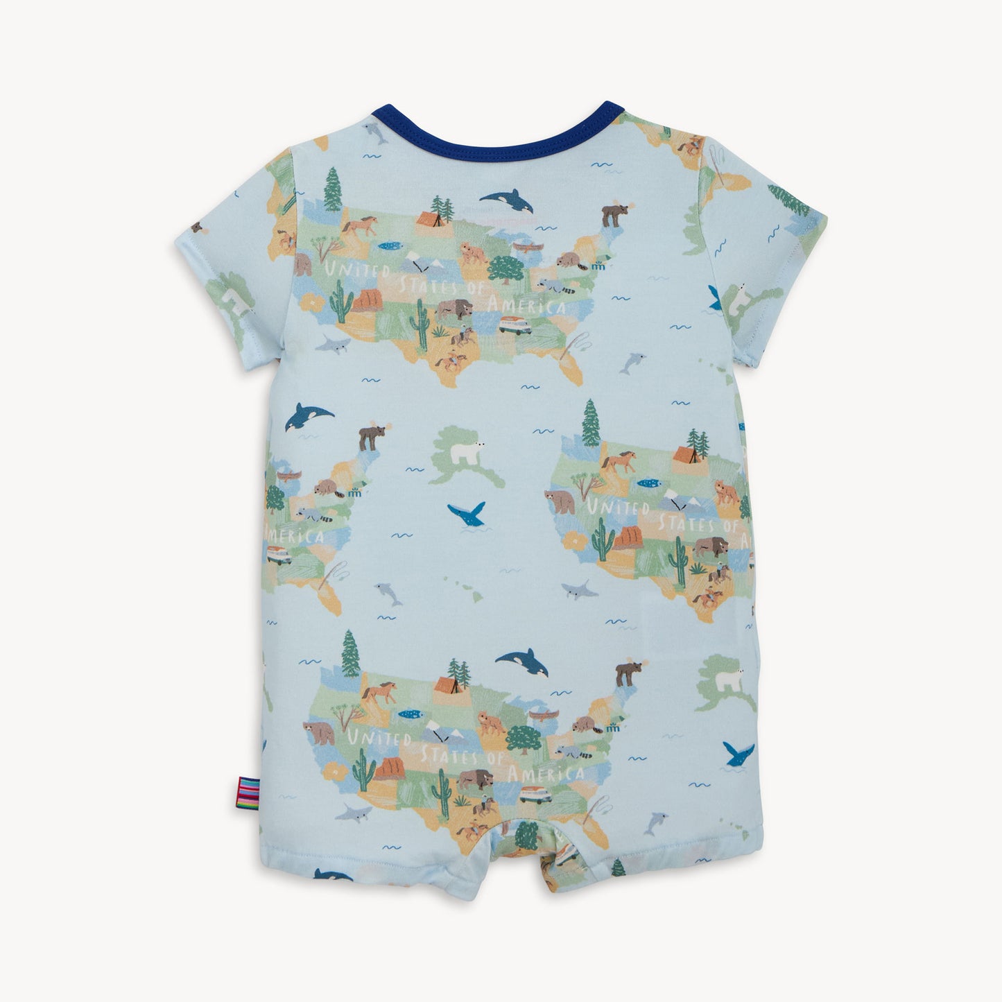 Baby romper with animal print on a light blue background