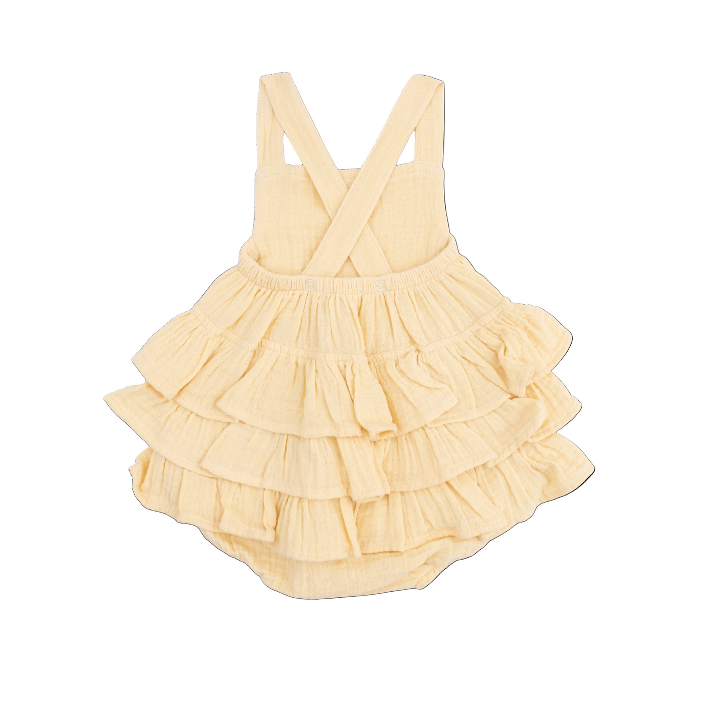 Back of Yellow ruffled romper on a white background