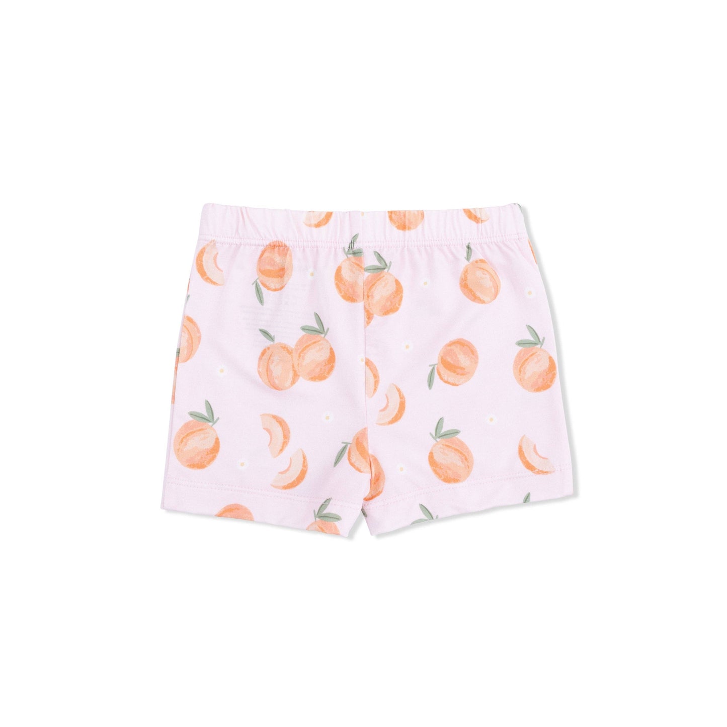 back of shorts with peach pattern on a pink background