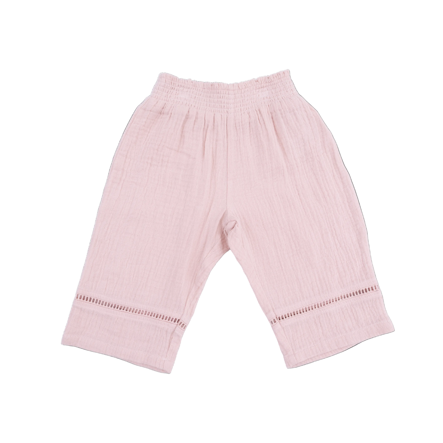 Pink baby pants with a subtle pattern on a white background