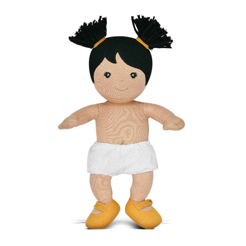 Apple Park Kids Gwen soft doll in an organic cotton romper with flutter neckline, additional view