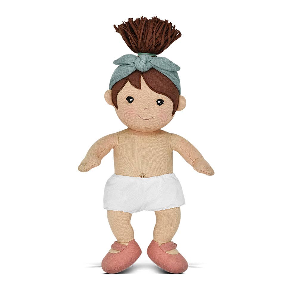 Apple Park Kids Paloma soft doll in teal muslin overalls with tie headband, additional view