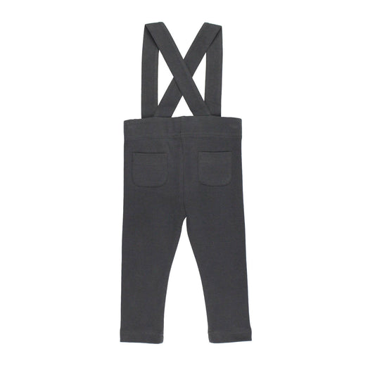 Back of charcoal pants with suspenders on a white background