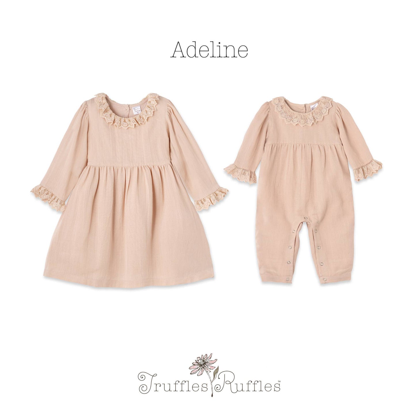 Beige dress and onesie set with 'Adeline' text and 'Truffles Ruffles' logo on a white background