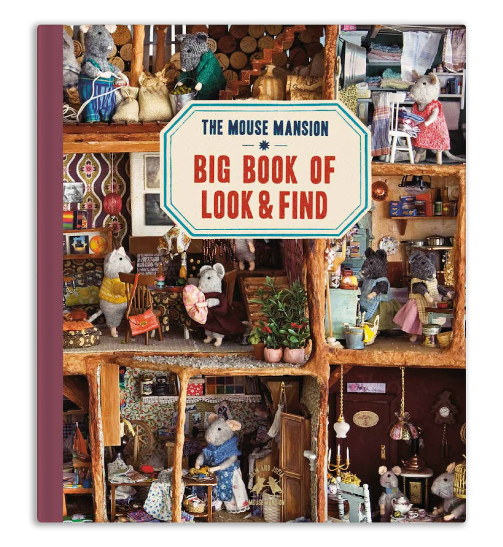 Book titled 'The Mouse Mansion Big Book of Look & Find' with illustrations of mice in a mansion setting.