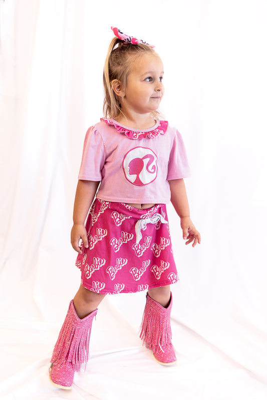 Pink Fashion Girl Embroidery Skort Set