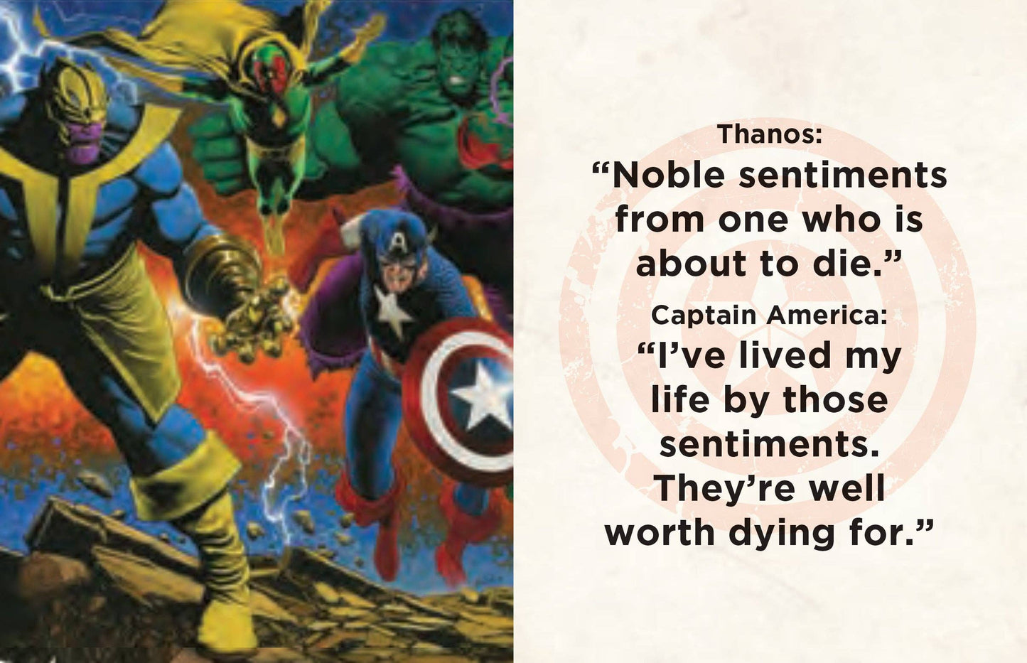Captain America tiny book iillustration with characters and dialogue text.